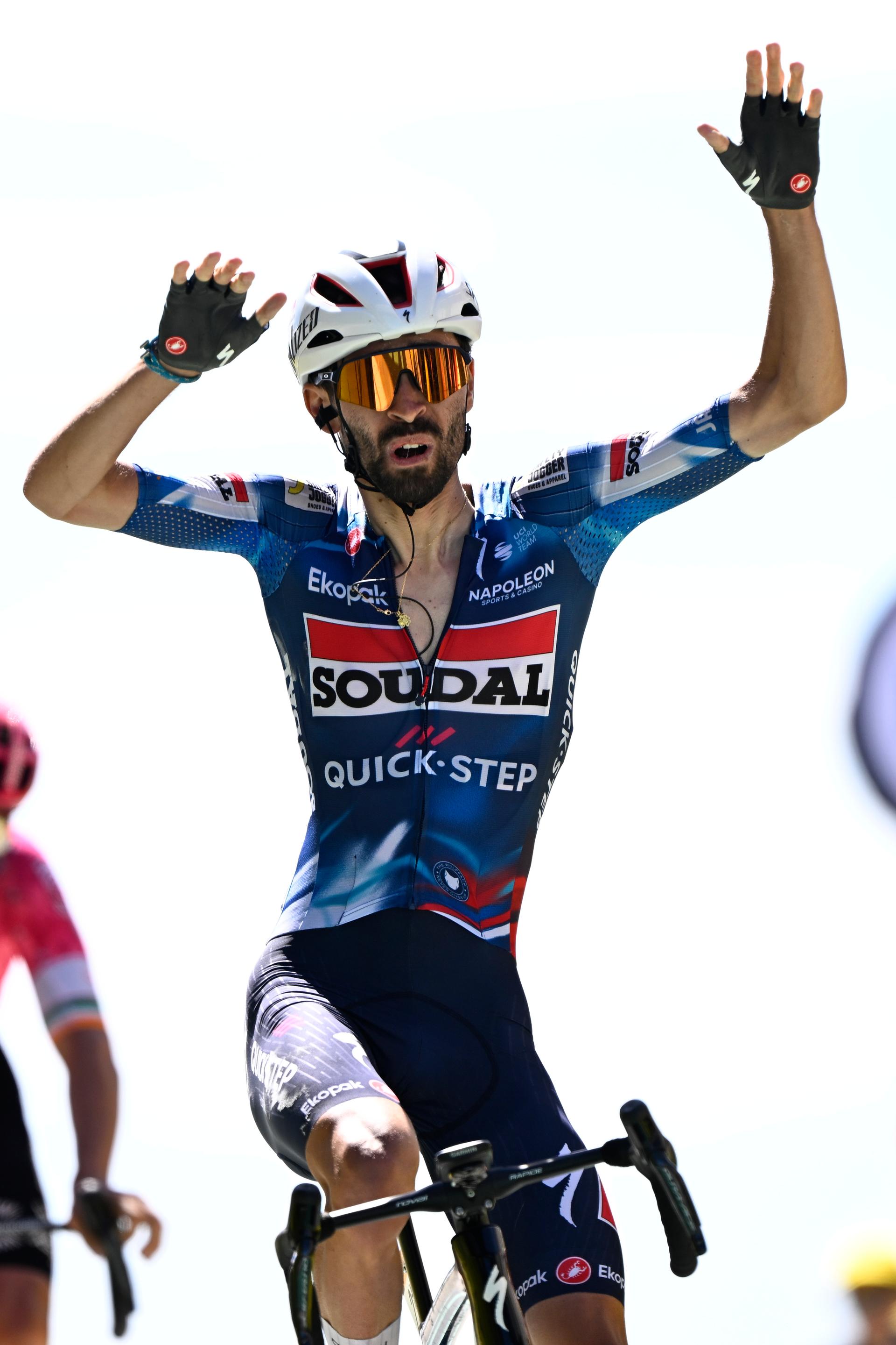 French Valentin Paret-Peintre of Soudal Quick-Step celebrates after winning stage 16 of the 2025 Tour de France cycling race, from Montpellier to Mont Ventoux (172 km), on Tuesday 22 July 2025 in France. The 112th edition of the Tour de France starts on Saturday 5 July in Lille, France, and will finish in Paris, France on the 27th of July. BELGA PHOTO JASPER JACOBS