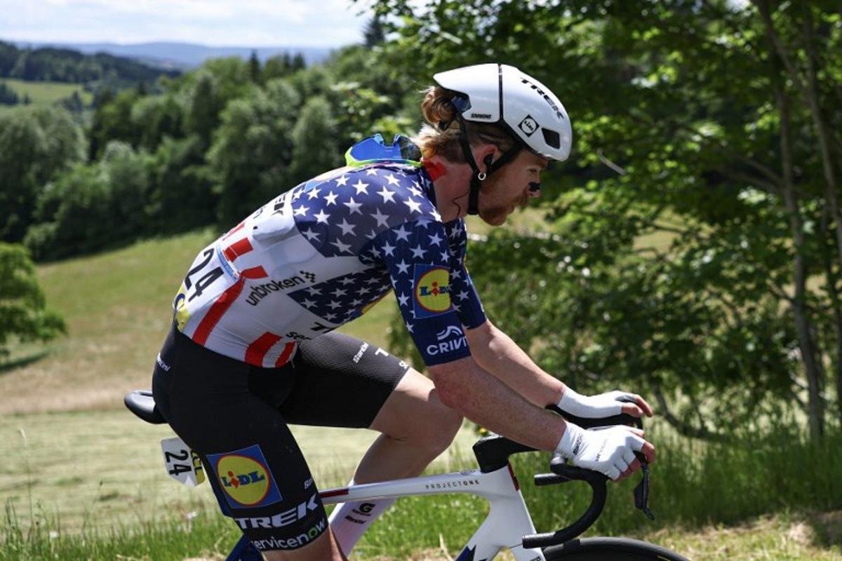 Lidl-Trek's US rider Quinn Simmons cycles in a breakaway during the 4th stage of the Tour Auvergne-Rhone-Alpes cycling race (formerly known as the Criterium du Dauphine), 167,4km between Le Puy-en-Velay and Montrond-les-Bains, central France, on June 10, 2026. Anne-Christine POUJOULAT / AFP