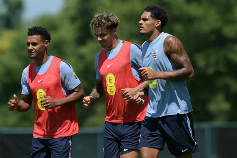 (From L) England's forward #19 Ollie Watkins, England's defender #03 Nico O'Reilly and England's defender #26 Jarell Quansah take part in a training session at Swope Soccer Village in Kansas City on July 08, 2026, during the 2026 World Cup football tournament. JUAN MABROMATA / AFP