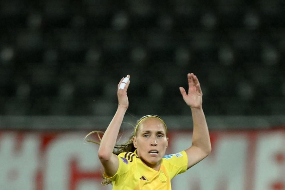 Belgium's defender #11 Janice Cayman reacts at the end of the first half of the UEFA Women's Nations League Group A3 football match between Belgium and England at the Den Dreef stadium in Heverlee, outside Leuven, on April 8, 2025. NICOLAS TUCAT / AFP