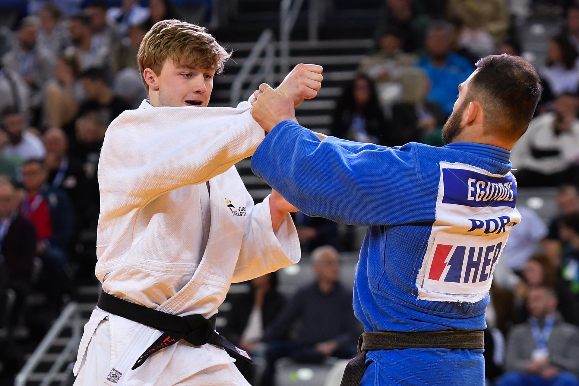Belgian Jarne Duyck (White) and Portuguese Anri Egutidze (blue) pictured in action during a fight in the men's -81kg pool C at the European Championships judo in Zagreb, Croatia on Friday 26 April 2024. The tournament is taking place from 25 tot 27 April. BELGA PHOTO NIKOLA KRISTC