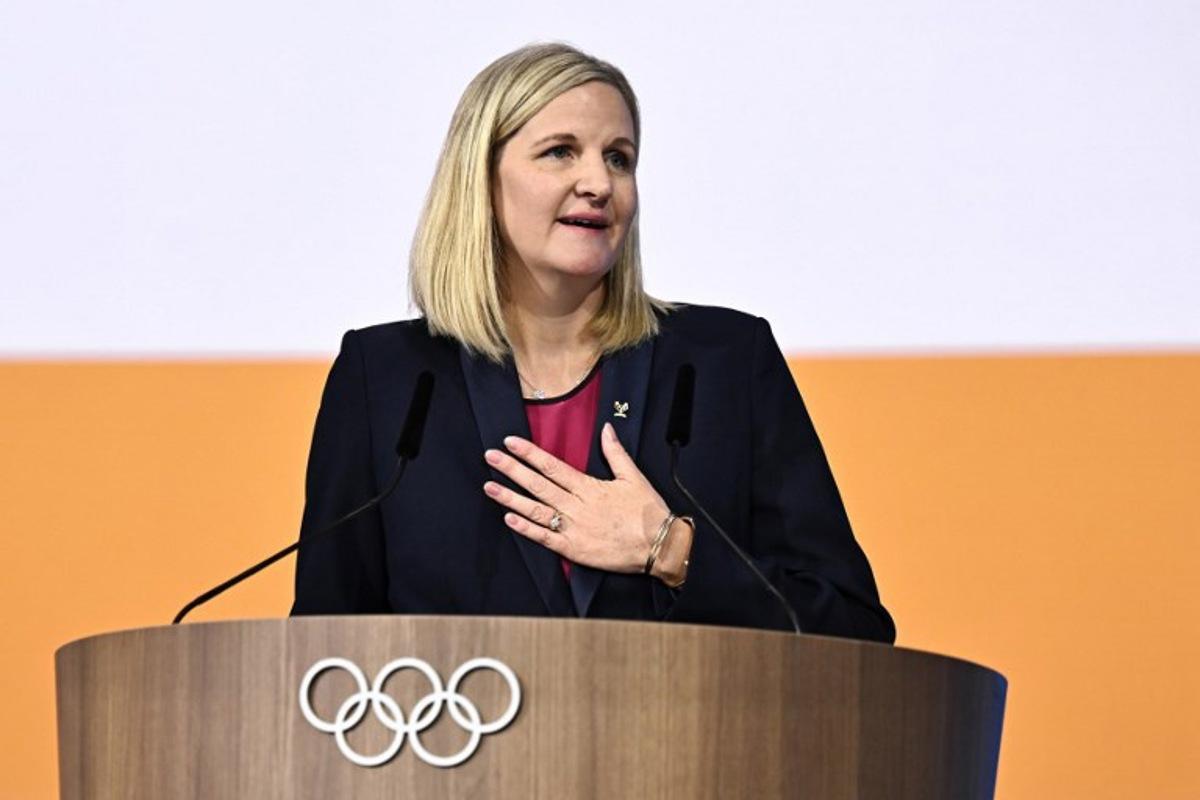 Zimbabwean candidate for the presidency of the International Olympic Committee (IOC) Kirsty Coventry reacts after being elected during the 144th IOC Session on the day of the election of the next President of the International Olympic Committee (IOC), in Costa Navarino, Greece on March 20, 2025. Zimbabwe's Kirsty Coventry was elected president of International Olympic Committee on March 20, 2025. Fabrice COFFRINI / AFP