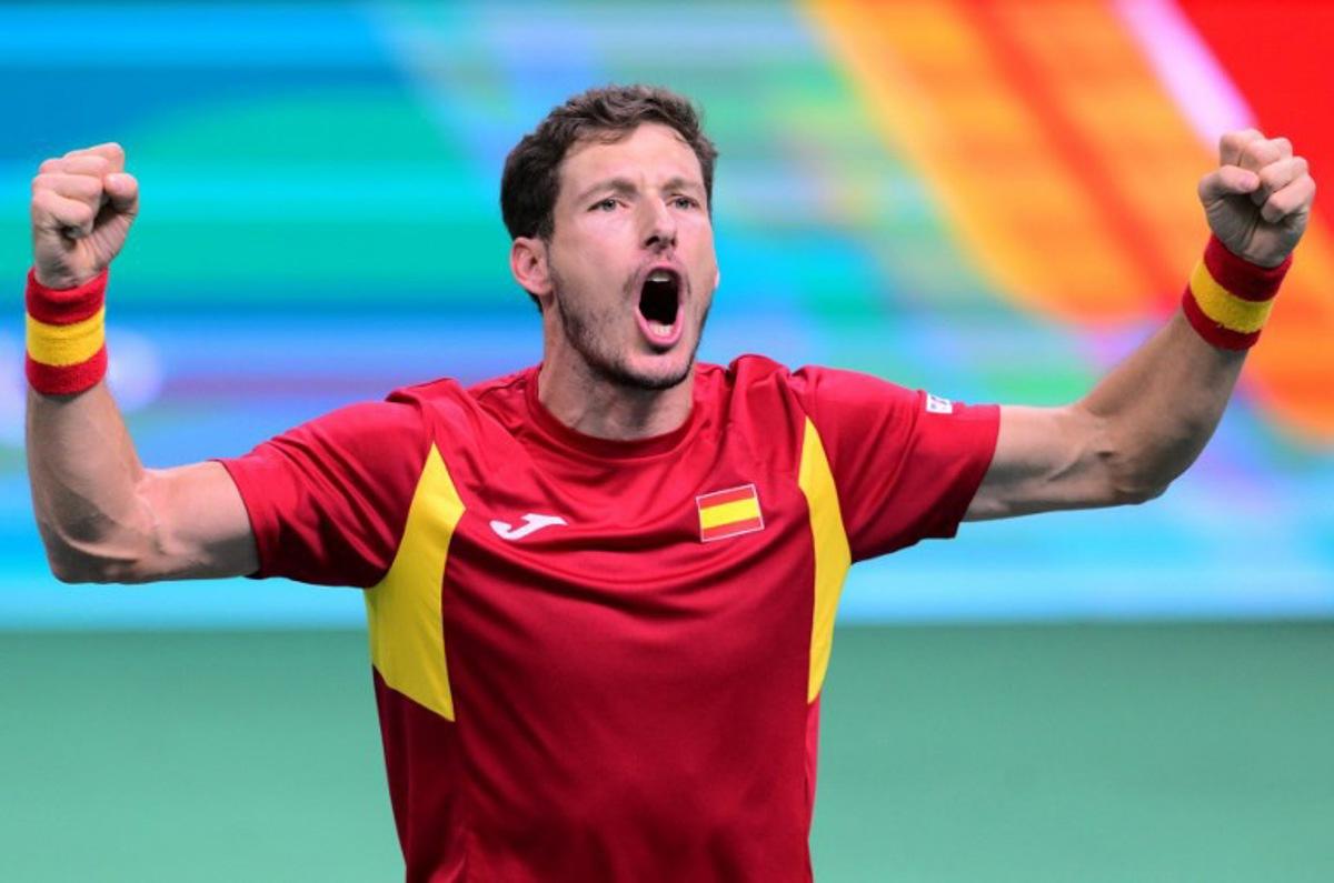 Spain's Pablo Carreno Busta celebrates after winning against Germany's Jan-Lennard Struff after their 2025 Davis Cup semi-final single tennis match at the Super Tennis Arena in Bologna, northen Italy, on November 22, 2025. Tiziana FABI / AFP
