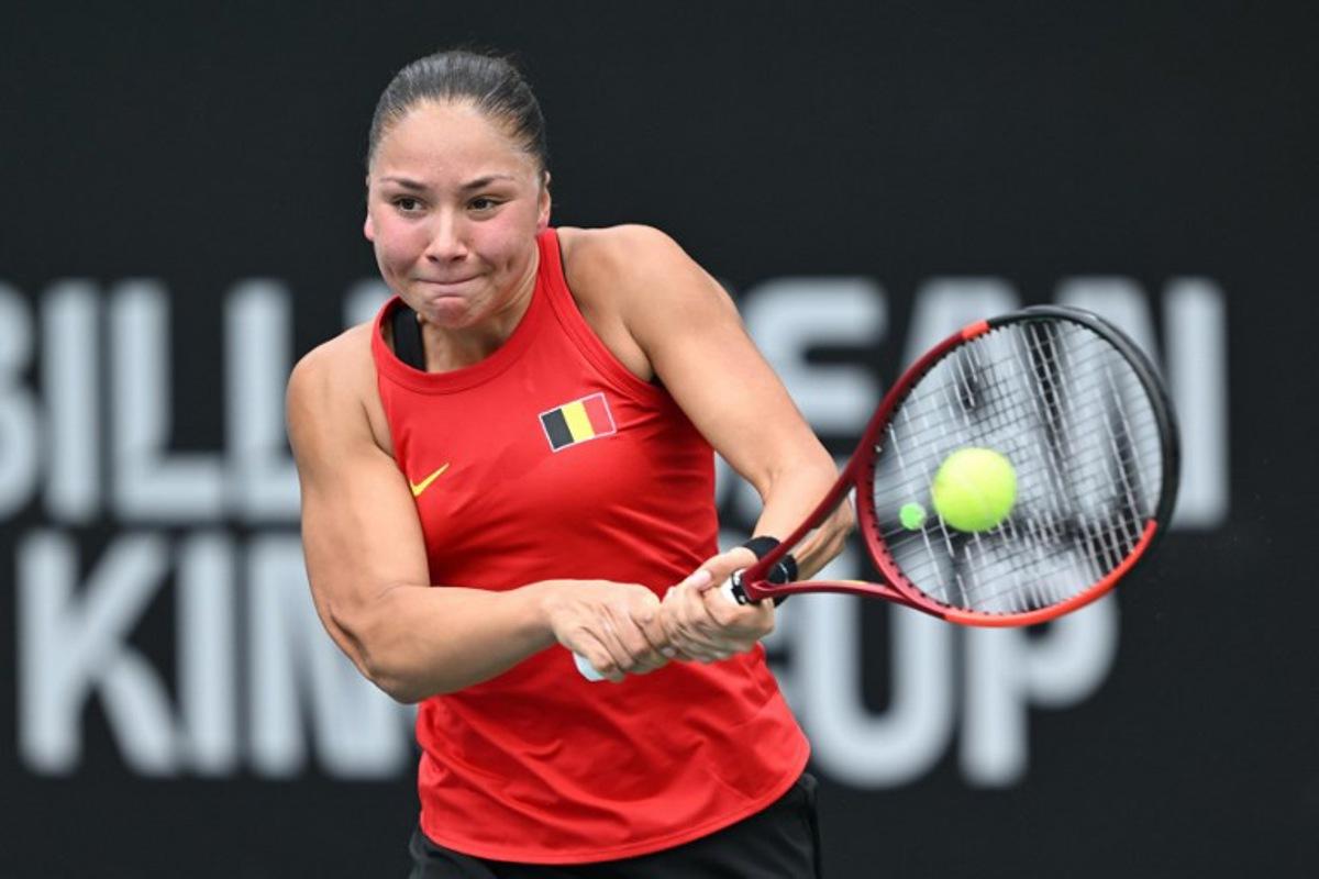 Belgium's Sofia Costoulas hits a return to China's Wang Xiyu during their women's singles match at the Billie Jean King Cup tennis play-offs at the Guangzhou Nansha International Tennis Center in Guangzhou, in south China's Guangdong province on November 17, 2024. STR / AFP