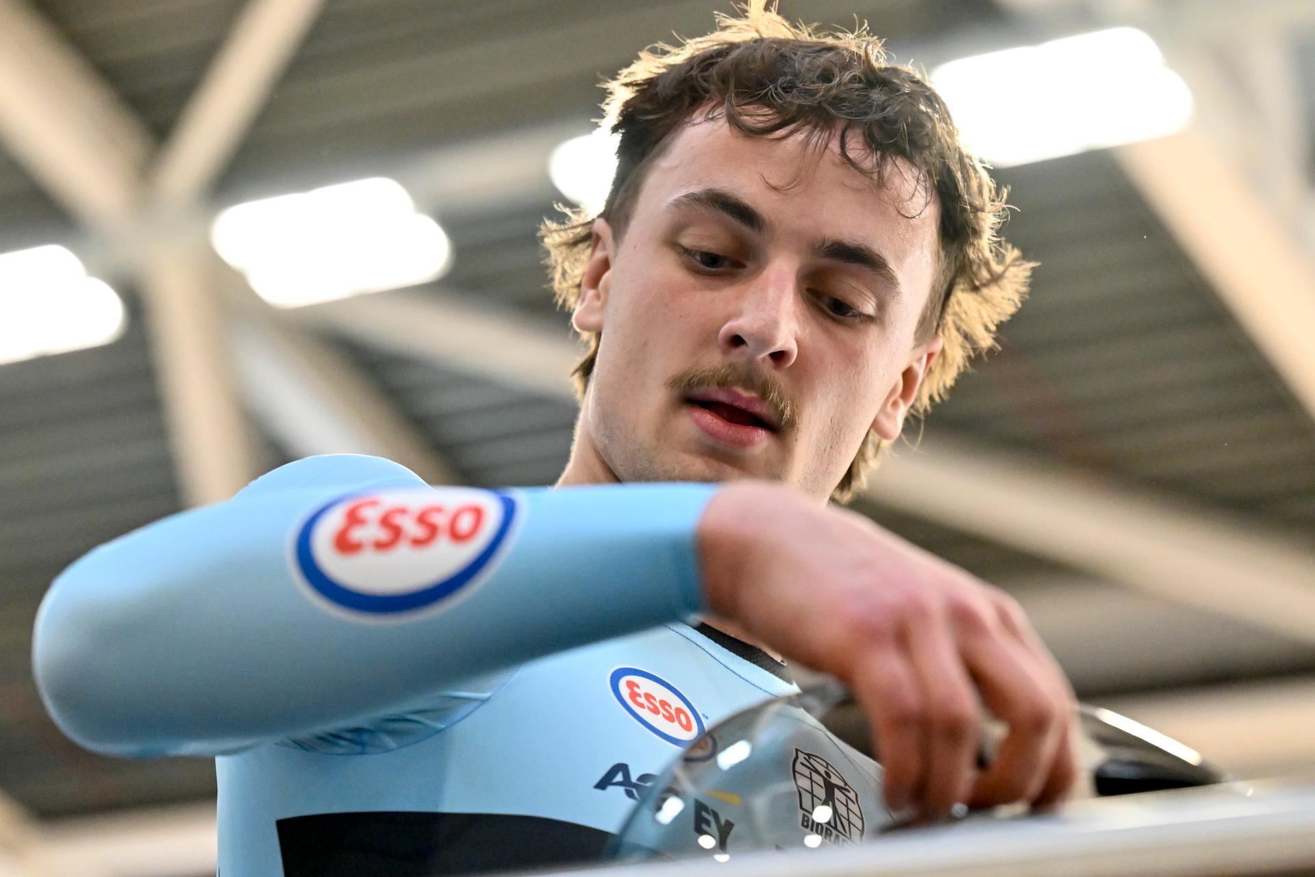 Belgian Lowie Nulens pictured in action during the men's Keirin repechages first round at the 2025 UEC Track Elite European Championships, in Heusden-Zolder, Belgium, Sunday 16 February 2025. The European Championships take place from 12 to 16 February. BELGA PHOTO DIRK WAEM