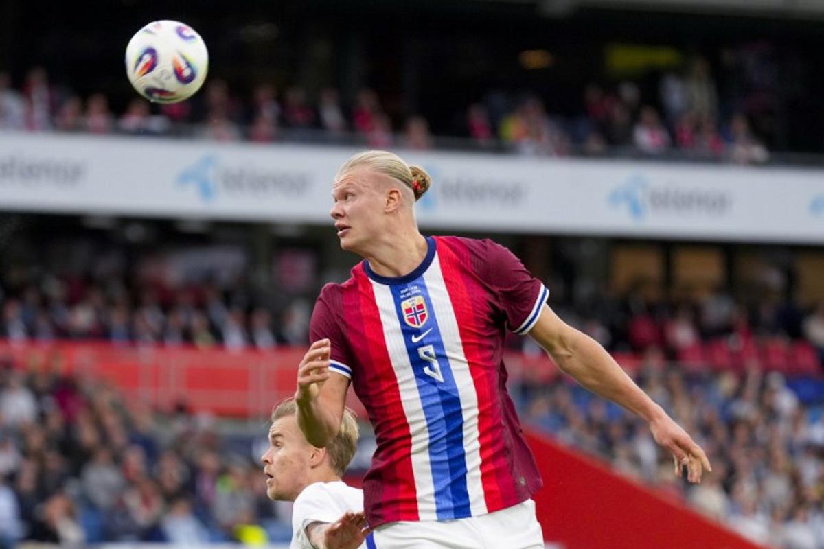 Norway's forward #09 Erling Braut Haaland heads a ball during the International Friendly football match between Norway and Finland, in Oslo on September 4, 2025. Fredrik Varfjell / NTB / AFP