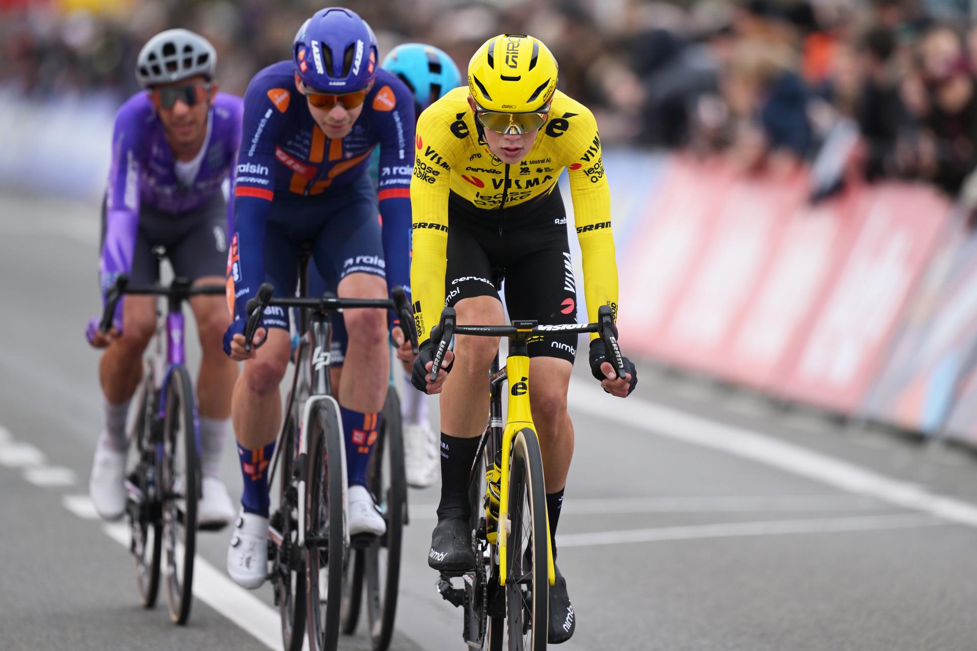 Belgium's Matisse Van Kerckhove of Team Visma-Lease a Bike pictured in action during the 78th edition of the men elite race of the Kuurne-Brussels-Kuurne one day cycling race, 195 km from Kuurne to Kuurne via Brussels, Sunday 01 March 2026. BELGA PHOTO DAVID PINTENS
