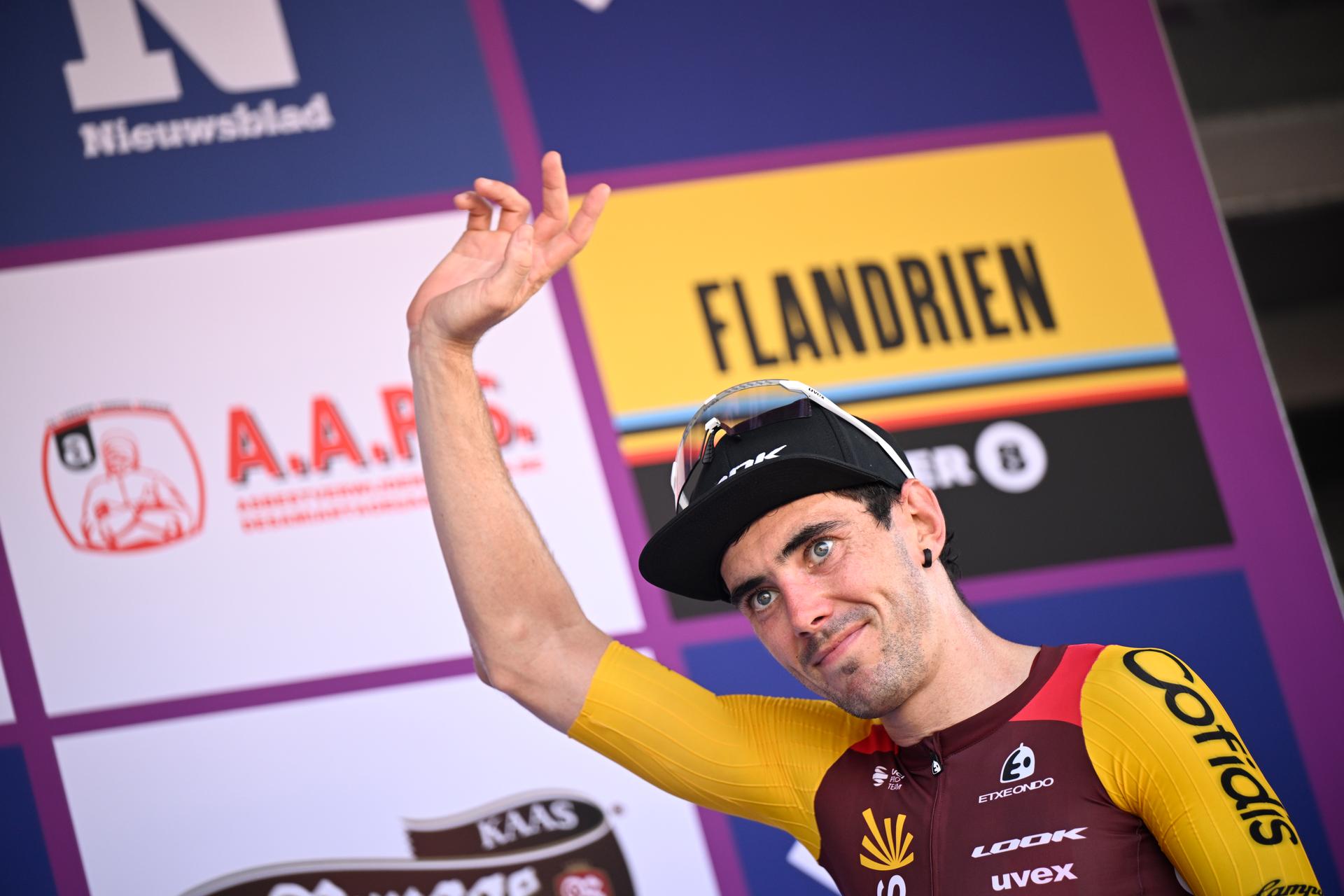 Spanish Alex Aranburu of Cofidis celebrates on the podium of stage 5 of the Baloise Belgium Tour cycling race, 183,6km from Gingelom to Hoeilaart, on Sunday 21 June 2026. The Baloise Belgium Tour takes place from 17 to 21 June. BELGA PHOTO JASPER JACOBS