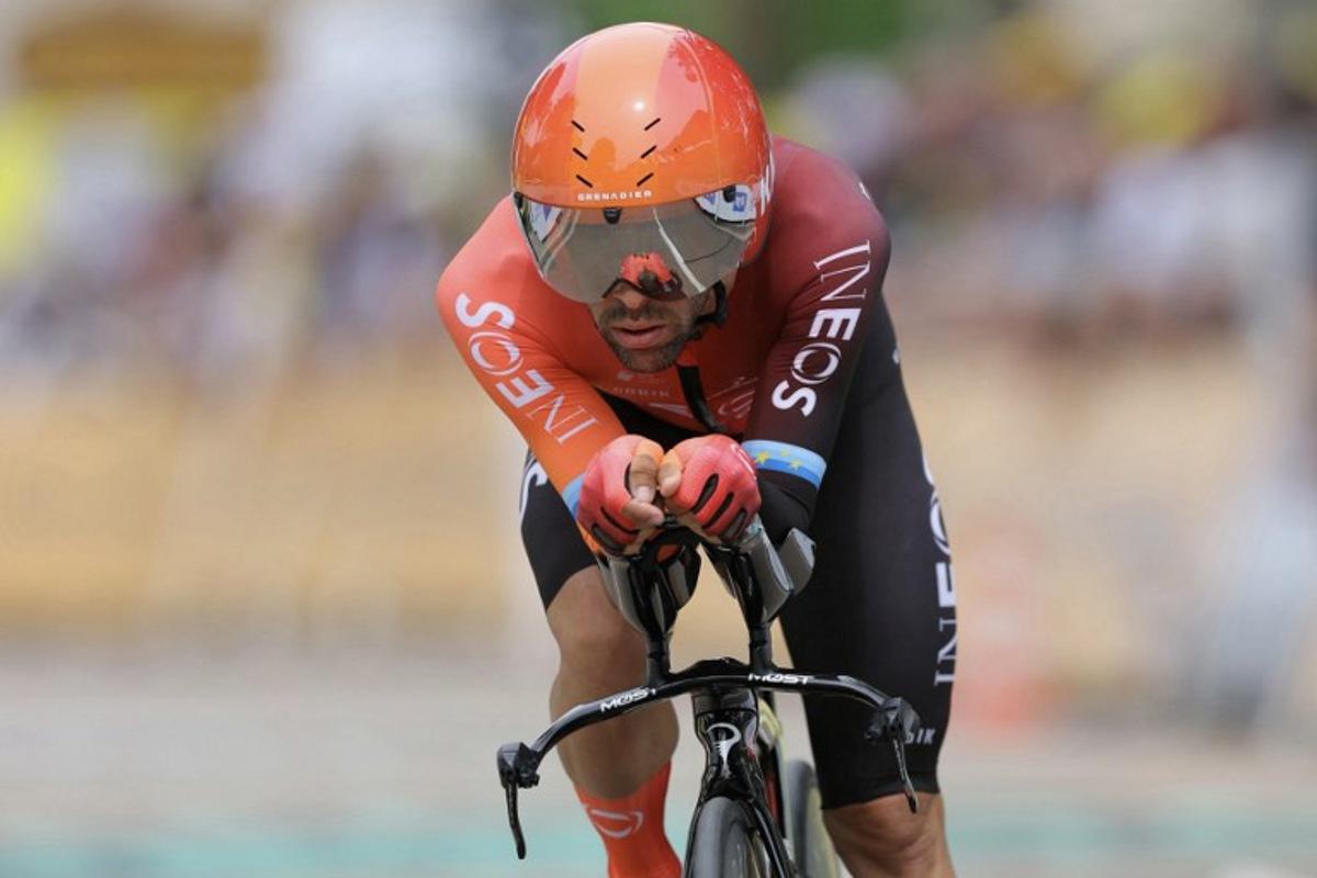 INEOS Grenadiers team's Spanish rider Jonathan Castroviejo cycles past the finish line of the 7th stage of the 111th edition of the Tour de France cycling race, 25,3 km individual time trial between Nuits-Saint-Georges and Gevrey-Chambertin, on July 5, 2024. Thomas SAMSON / AFP