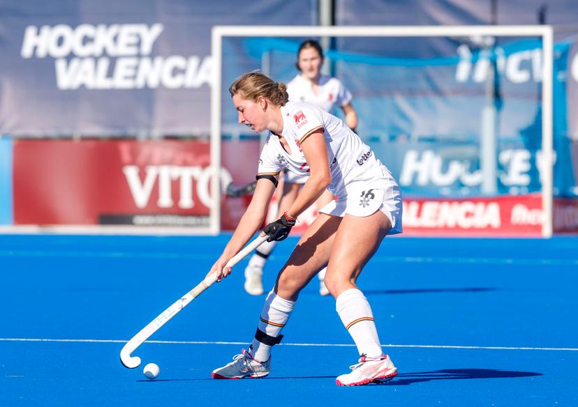 Belgium's Agathe Favart pictured in action during a hockey game between Belgian national team Red Panthers and Spain, The fifth game (out of 16) in the group stage of the 2025-2026 women's FIH Pro League, Thursday 05 February 2026 in Valencia, Spain. BELGA PHOTO DAVID GONZALEZ