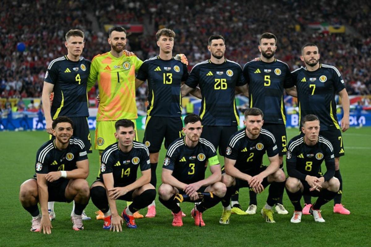 (From L) Scotland's forward #10 Che Adams, Scotland's midfielder #04 Scott McTominay, Scotland's goalkeeper #01 Angus Gunn, Scotland's midfielder #14 Billy Gilmour, Scotland's defender #13 Jack Hendry, Scotland's defender #03 Andrew Robertson, Scotland's defender #26 Scott McKenna, Scotland's defender #02 Anthony Ralston, Scotland's defender #05 Grant Hanley, Scotland's midfielder #07 John McGinn and Scotland's midfielder #08 Callum McGregor pose for photographers ahead of the UEFA Euro 2024 Group A football match between Scotland and Hungary at the Stuttgart Arena in Stuttgart on June 23, 2024. Fabrice COFFRINI / AFP