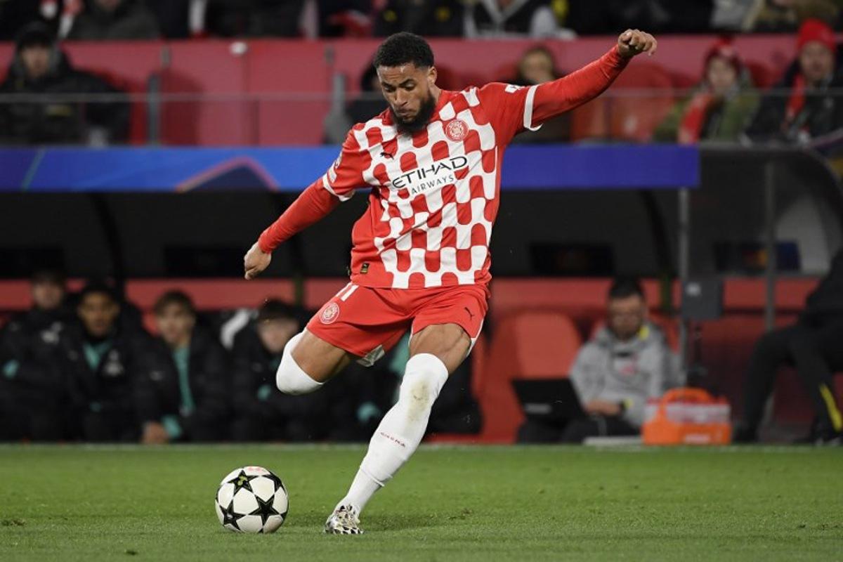 Girona Dutch forward #11 Arnaut Danjuma shoots during the UEFA Champions League, league phase football match between Girona FC and Liverpool FC at the Montilivi stadium in Girona on December 10, 2024. Josep LAGO / AFP