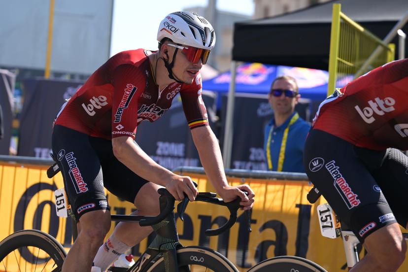 Belgian Arnaud De Lie of Lotto Intermarche pictured in action during the second stage of the 2026 Tour de France cycling race, a stage of 182km from Tarragona to Barcelona, Sunday 05 July 2026. The 113th edition of the Tour de France starts on Saturday 4 July in Barcelona, Spain, and will finish in Paris, France on the 26th of July. BELGA PHOTO DAVID PINTENS
