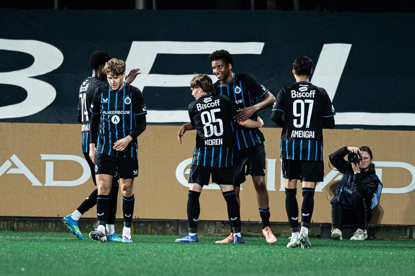 Club's players celebrate after scoring during a soccer game between Lommel SK and Club NXT, Saturday 11 April 2026 in Lommel, on day 33 (out of 34) of the 2025-2026 'Challenger Pro League' 1B second division of the Belgian championship. BELGA PHOTO EMILE WINDAL