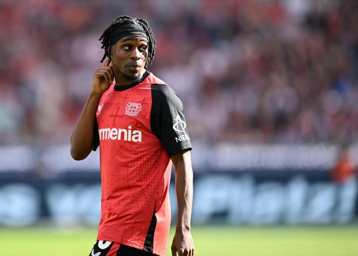 Bayer Leverkusen's Dutch defender #30 Jeremie Frimpong reacts during the German first division Bundesliga football match between Bayer Leverkusen and Union Berlin in Leverkusen, western Germany, on April 12, 2025. INA FASSBENDER / AFP