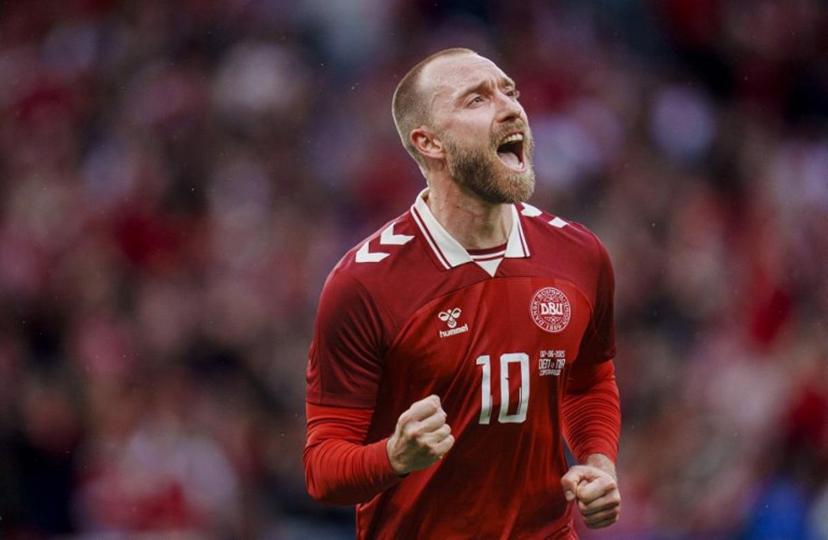 Denmark's midfielder #10 Christian Eriksen celebrates scoring the 2-1 goal during the international friendly football match between Denmark and Northern Ireland in Copenhagen on June 7, 2025. Liselotte Sabroe / Ritzau Scanpix / AFP