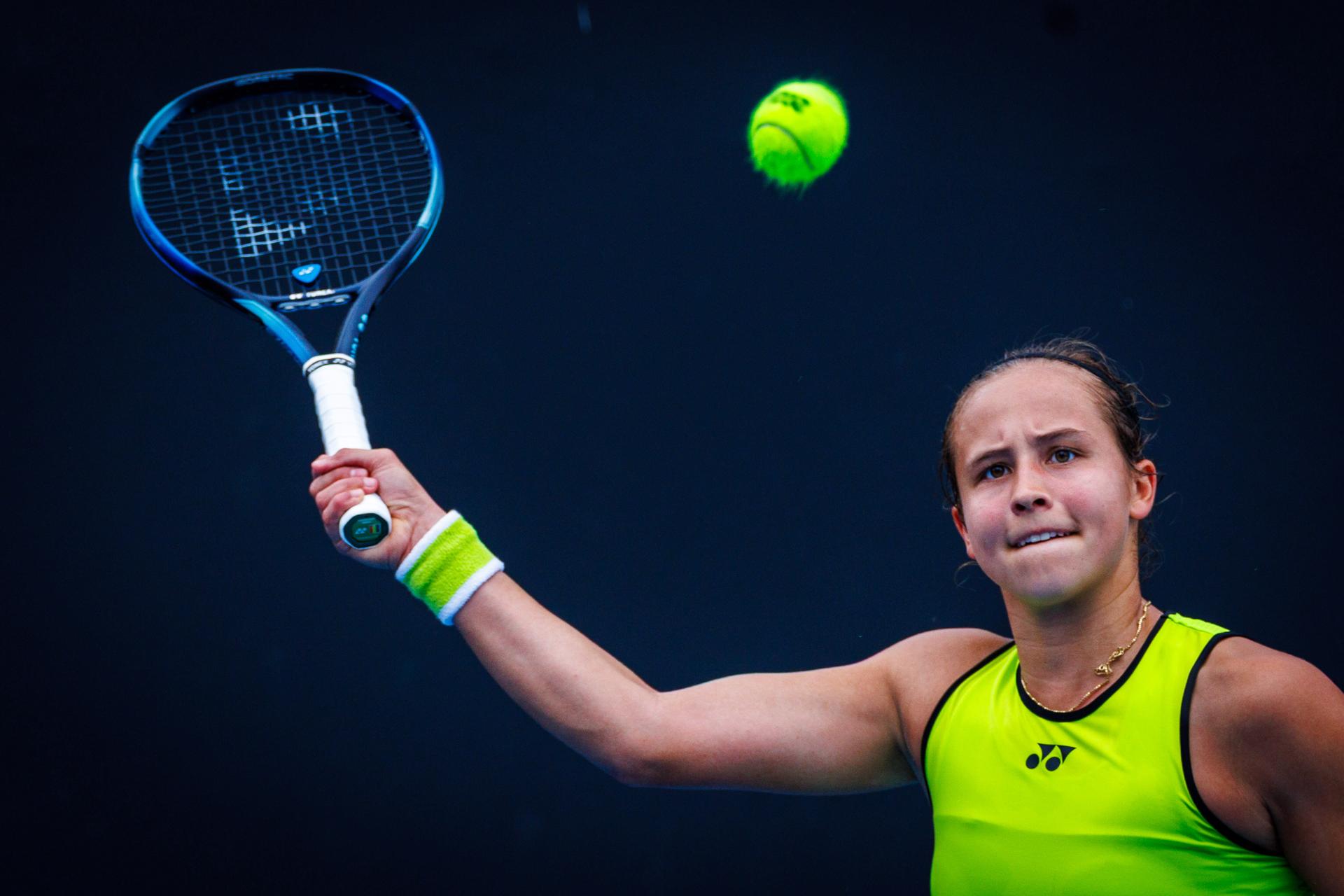 Belgium¿s Hanne Vandewinkel during a qualifying match against USA¿s Carol Young Suh at the Australian Open, Melbourne Park, Melbourne, January 13, 2026. Photo by Patrick Hamilton/SIPA USA) --- BENELUX ONLY ---