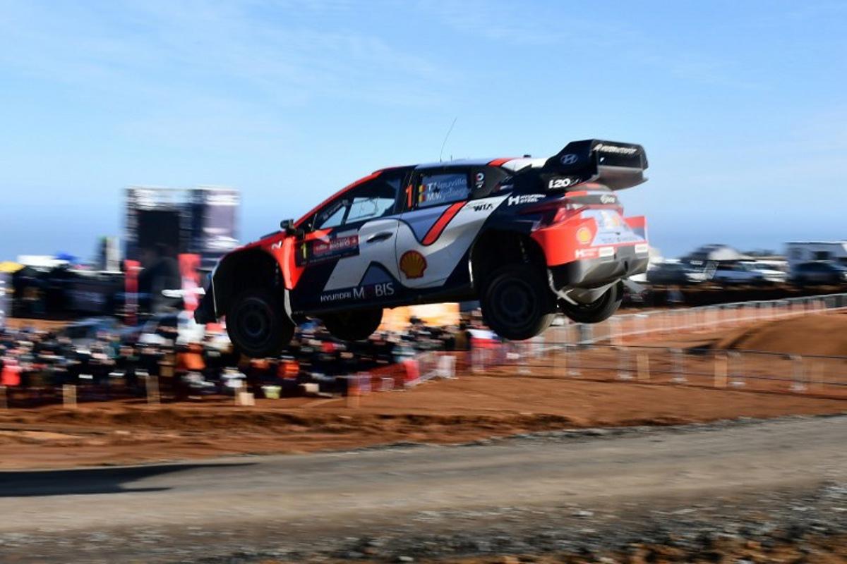 Belgium driver Thierry Neuville and co-driver Martijn Wydaeghe compete in their Hyundai i20 N Rally1 during the third day of the WRC Rally Chile Bio Bio in Concepcion, Chile, on September 14, 2025. GUILLERMO SALGADO / AFP