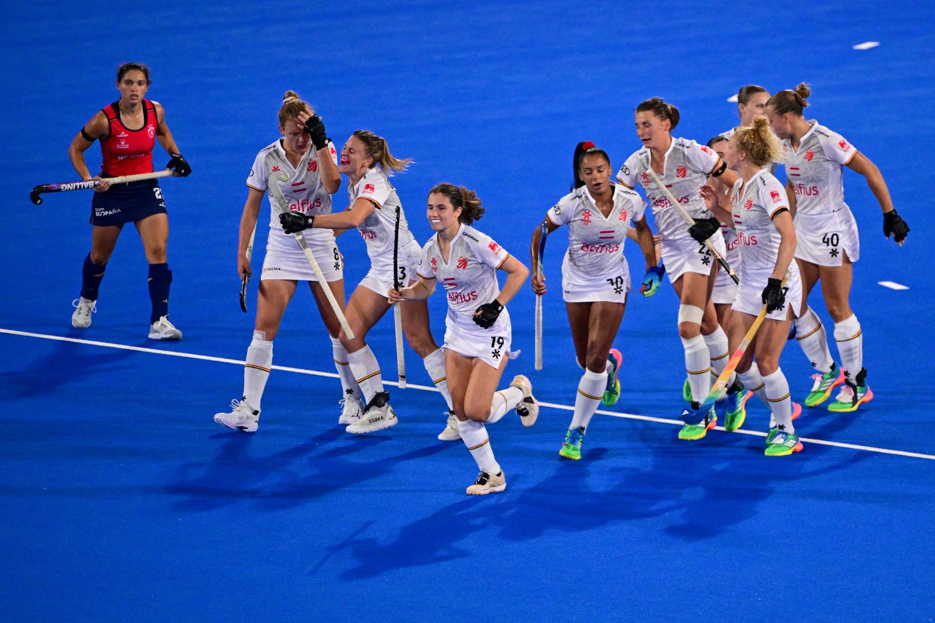 The Red Panthers celebrate after scoring during a field hockey game between Belgian national team Red Panthers and Spain during the group stage of the women's 2026 Hockey World Cup, on Tuesday 18 August 2026, in Wavre. The 2026 edition of the Hockey World Cup takes place in Belgium and The Netherlands from August 15 to August 30. BELGA PHOTO DIRK WAEM