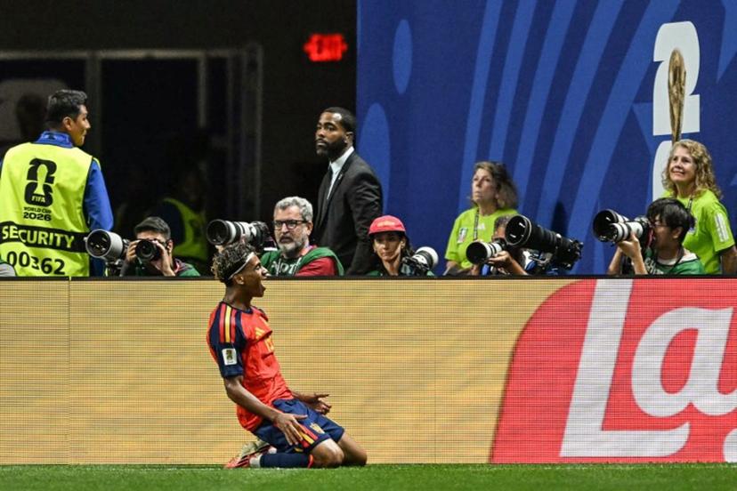 Spain's forward #19 Lamine Yamal celebrates after scoring the opening goal during the 2026 World Cup Group H football match between Spain and Saudi Arabia at the Atlanta Stadium in Atlanta on June 21, 2026. ROBERTO SCHMIDT / AFP