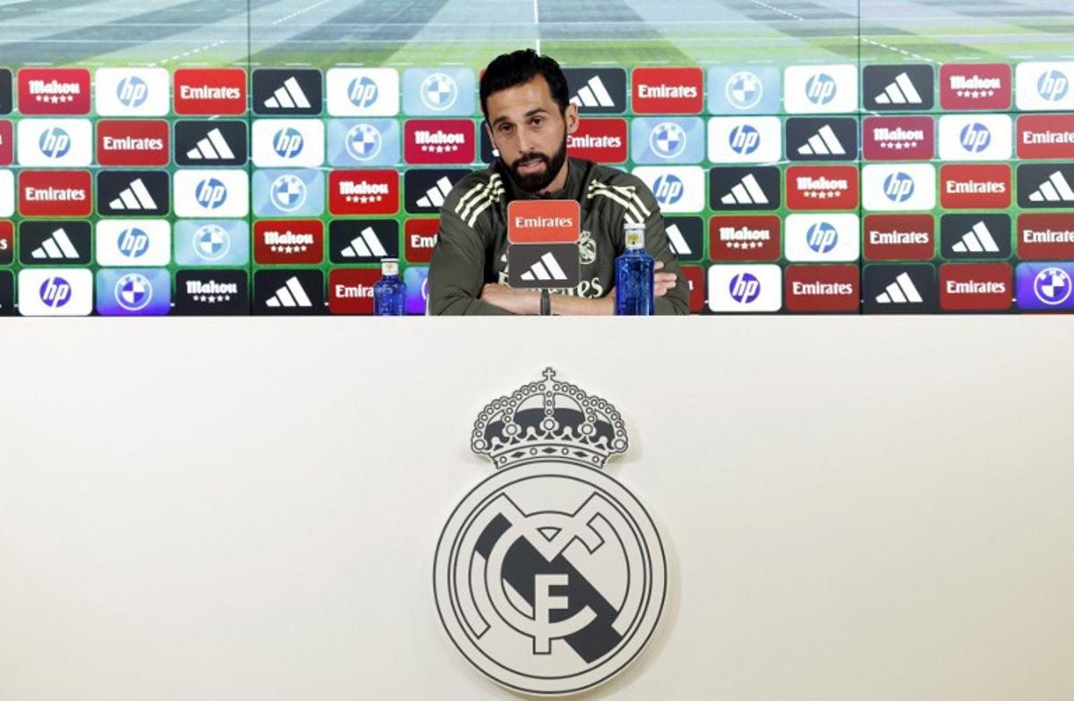 Real Madrid's coach Alvaro Arbeloa gives a press conference on the eve of the Spanish league football match between FC Barcelona and Real Madrid CF, at Real Madrid Sports City in Valdebebas, in the outskirts of Madrid, on May 9, 2026. OSCAR DEL POZO / AFP