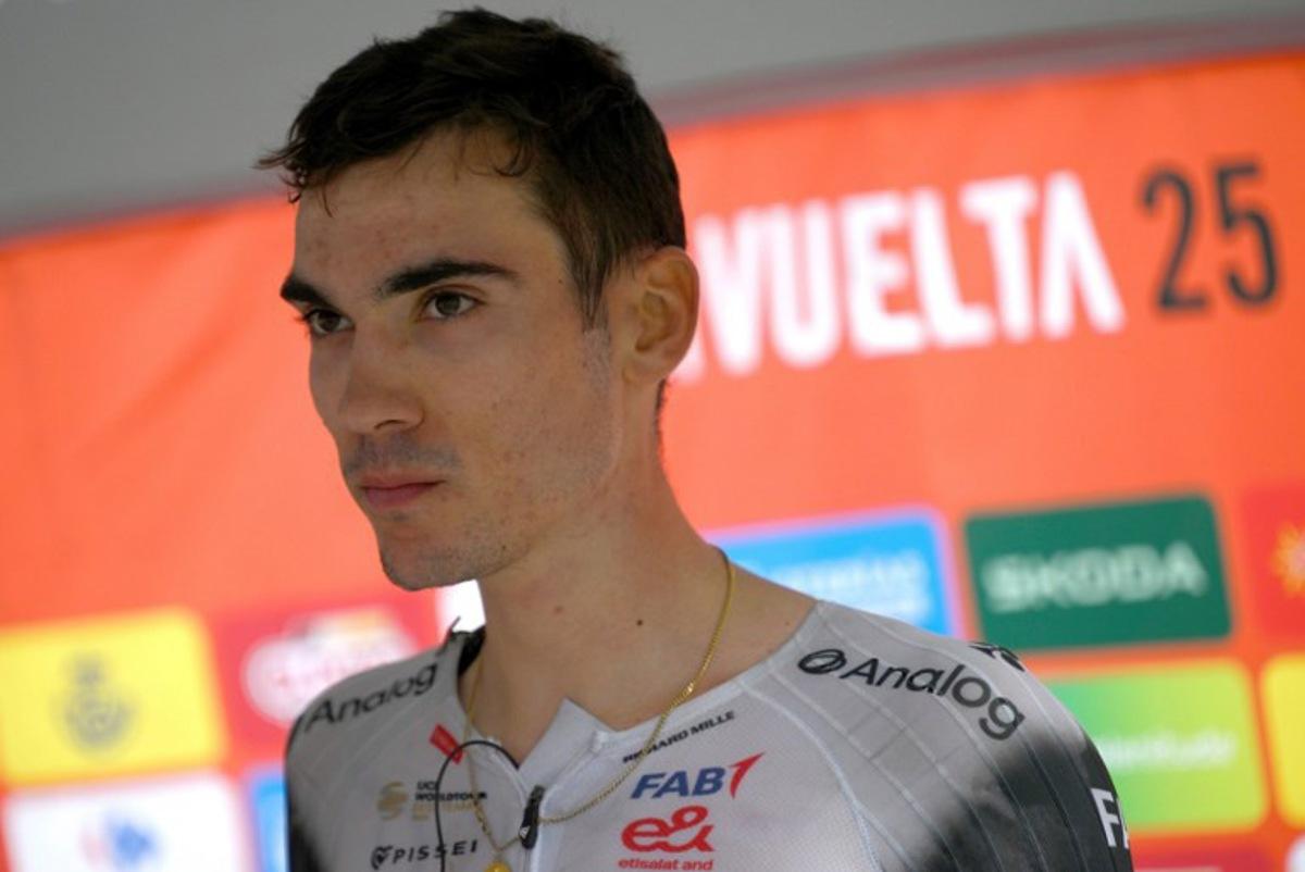 Team UAE's Spanish rider Juan Ayuso looks on after winning the seventh stage of the Vuelta a Espana, a 187 km race between Andorra la Vella and Cerler, on August 29, 2025. Josep LAGO / AFP