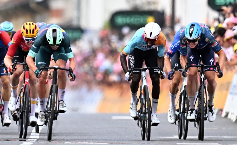 Danish Mads Pedersen of Lidl-Trek, Eritrean Biniam Girmay of NSN Cycling Team and Belgian Tim Merlier of Soudal Quick-Step sprint to the finish of stage 5 of the 2026 Tour de France cycling race, a stage of 158km from Lannemezan to Pau, on Wednesday 08 July 2026. The 113th edition of the Tour de France starts on Saturday 4 July in Barcelona, Spain, and will finish in Paris, France on the 26th of July. BELGA PHOTO JASPER JACOBS