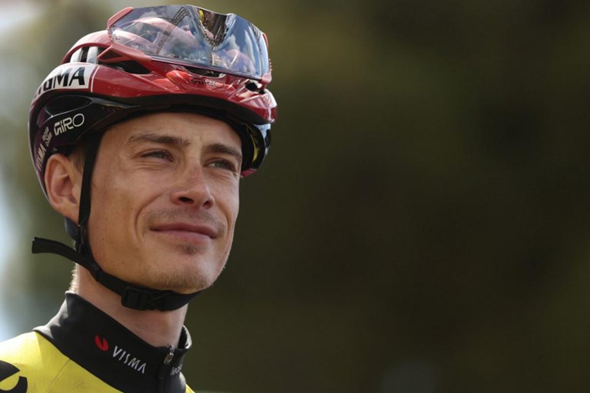Team Visma Lease a Bike Danish rider Jonas Vingegaard looks on during the presentation prior the 7th stage of the Giro d'Italia 2026 - Tour of Italy cycling race between Formia and Blockhaus, Italy, on May 15, 2026. Luca Bettini / AFP