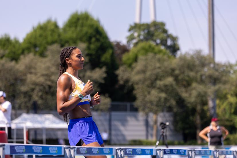 Belgian Nafissatou Nafi Thiam pictured in action during the women's 100m hurdles race, at the women's heptathlon event at the Stadtwerke Ratingen Mehrkampf-Meeting, IAAF World Athletics Combined Events Tour, in Ratingen, Germany, on Saturday 27 June 2026. BELGA PHOTO BJORN PAREE