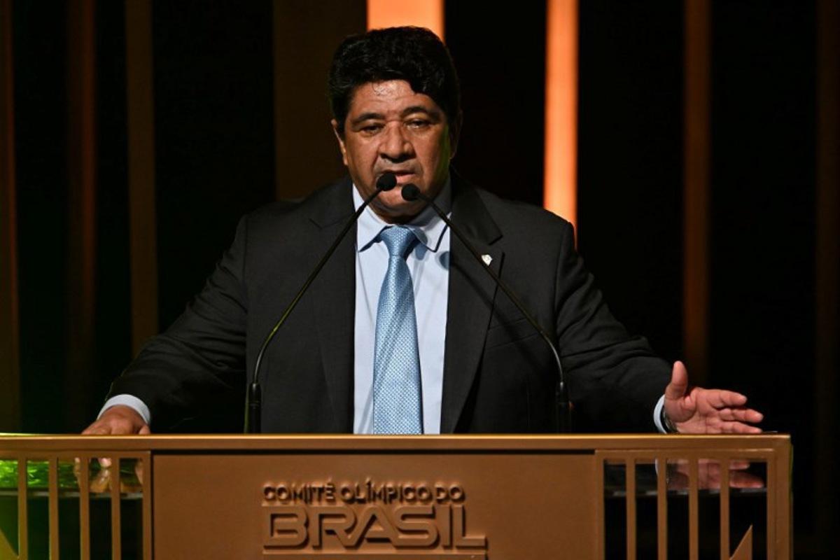 The president of the Brazilian Football Confederation, Ednaldo Rodrigues, delivers a speech after receiving the best team of the year award for the women's national football team during the Brazil Olympic Award, a ceremony to celebrate the best Brazilian olympic athletes, at Vivo Rio music hall in Rio de Janeiro, Brazil, on December 11, 2024. Mauro PIMENTEL / AFP