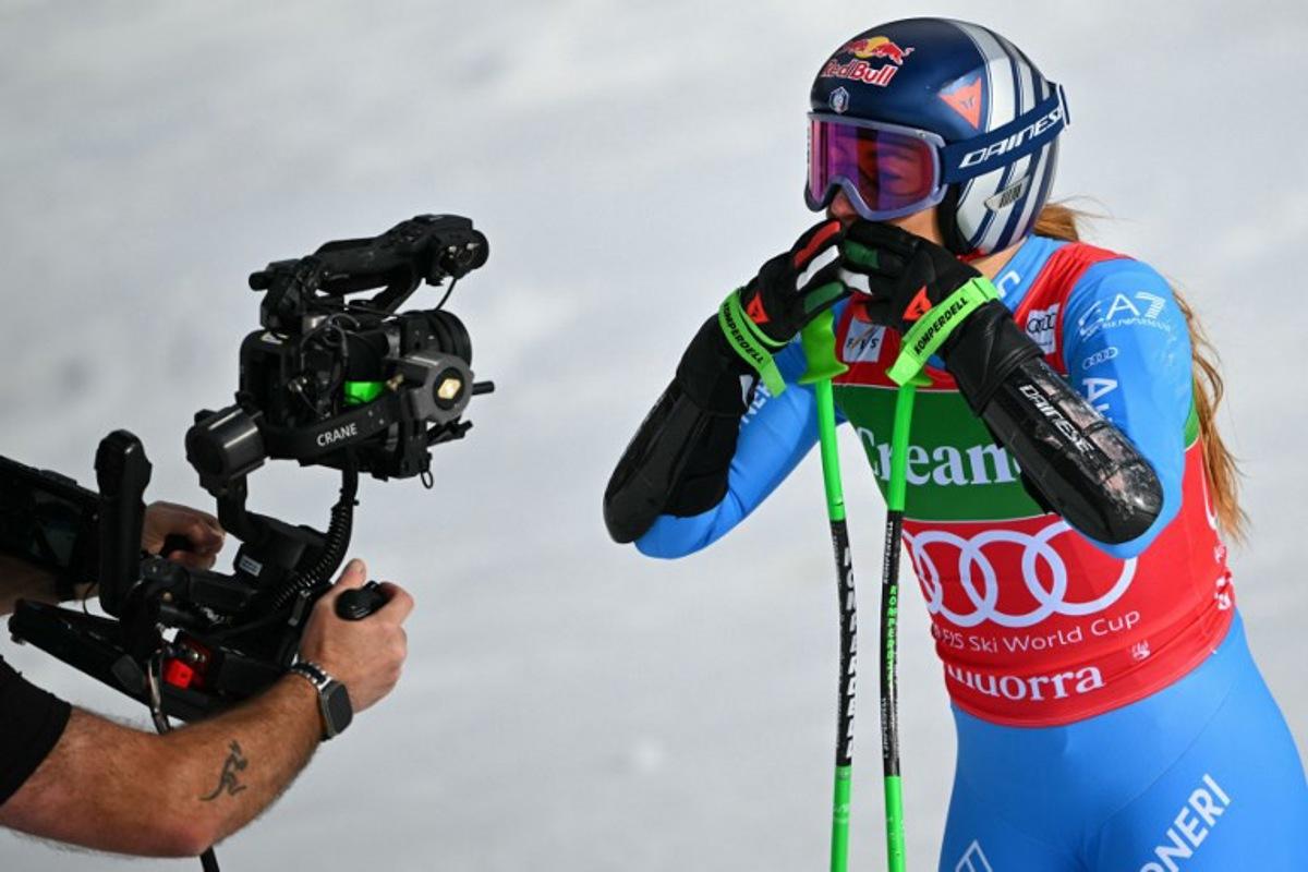 Italy's Sofia Goggia reacts after crossing the finish line of the women's super G race, part of the FIS Alpine Ski World Cup 2025-2026 in Soldeu on March 1, 2026. Lionel BONAVENTURE / AFP