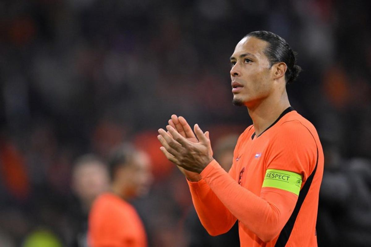 Netherlands' defender #04 Virgil van Dijk reacts at the end of the friendly football match between the Netherlands and Norway at the Johan Cruijff Arena in Amsterdam on March 27, 2026. JOHN THYS / AFP