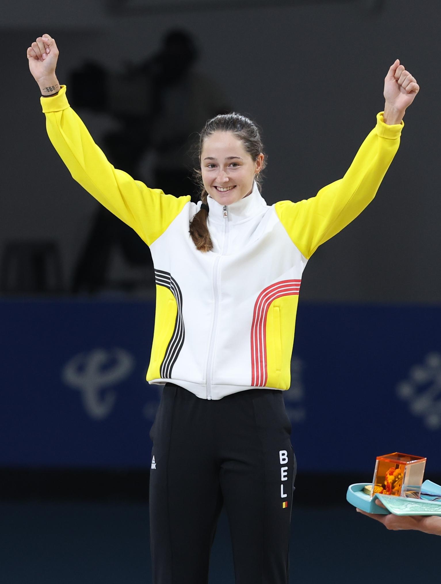 Belgian Fran Vanhoutte celebrates on the podium of the Women's Sprint 500m +D speed skating event, at the World Games 2025, in Chenghdu, China, on Thursday 14 August 2025. This year, the World Games take place from 7 to 17 August. BELGA PHOTO VIRGINIE LEFOUR