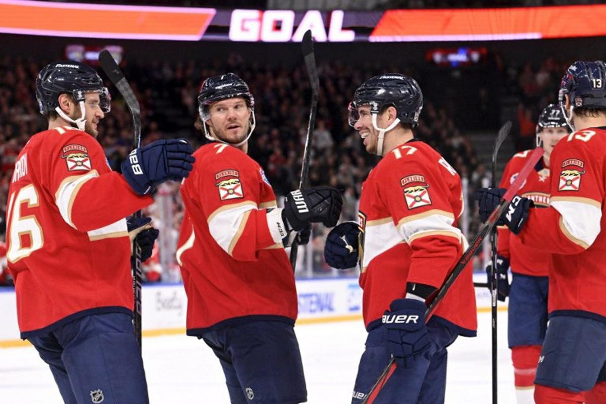 (L to R) Aleksander Barkov, Dmitry Kulikov, Evan Rodrigues, Sam Reinhart (13, R) and Niko Mikkola (background, 77) of Florida celebrate the opening 0-1 goal by Rodrigues during the NHL Global Series Ice Hockey match Dallas Stars vs Florida Panthers in Tampere, Finland on November 2, 2024. Heikki Saukkomaa / Lehtikuva / AFP