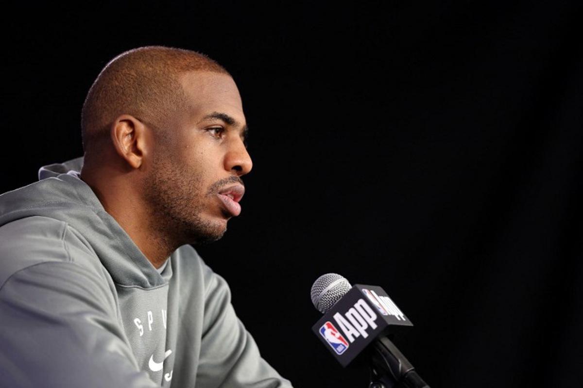 San Antonio Spurs' US guard #3 Chris Paul addresses a press conference after a training session at the Accor Arena - Palais Omnisports de Paris-Bercy - in Paris on January 22, 2025. San Antonio Spurs will face the Indiana Pacers on January 23 and 25 at Bercy, two NBA games relocated to Paris. FRANCK FIFE / AFP