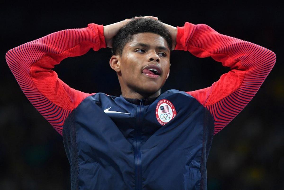 USA's Shakur Stevenson poses on the podium with a medal during the Rio 2016 Olympic Games at the Riocentro - Pavilion 6 in Rio de Janeiro on August 20, 2016. Yuri CORTEZ / AFP