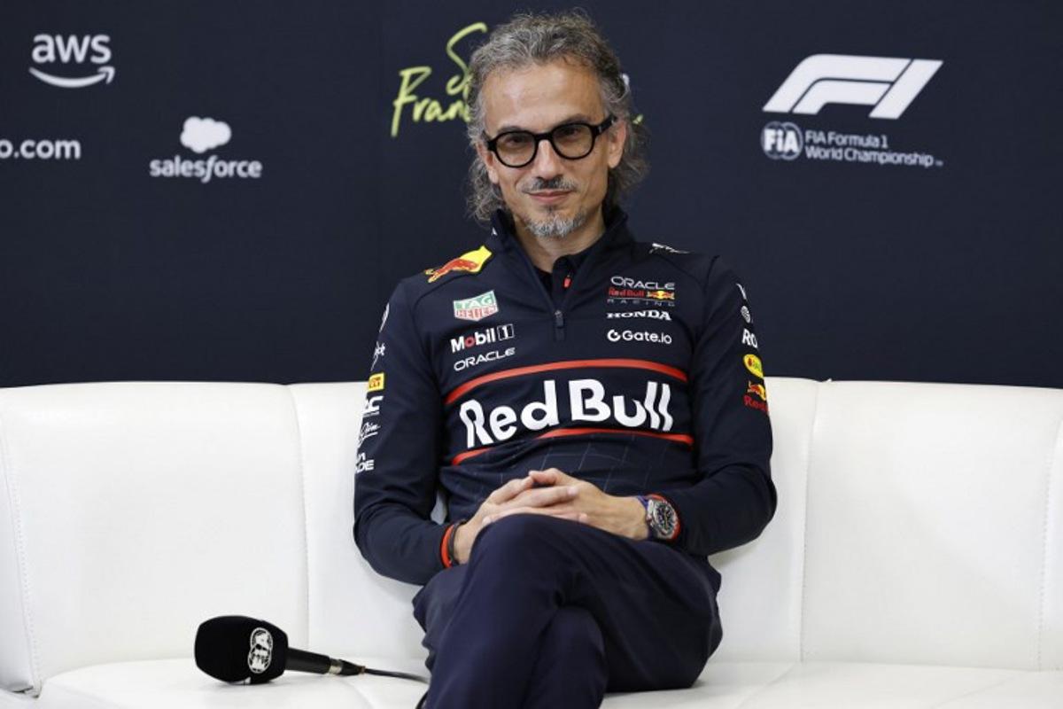 Newly appointed Red Bull team principal Laurent Mekies attends a press conference after the first practice session ahead of the Formula One Belgian Grand Prix at the Spa-Francorchamps circuit in Spa, on July 25, 2025. SIMON WOHLFAHRT / AFP