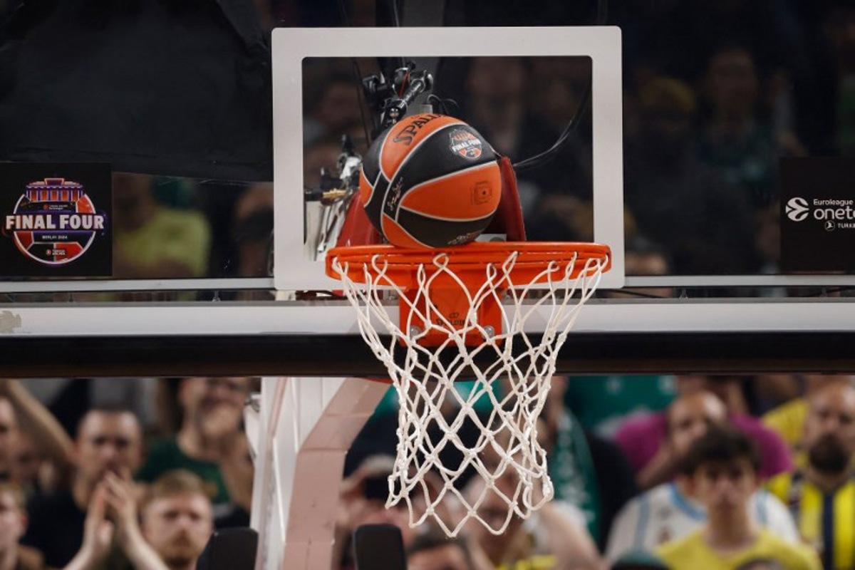 The ball hits the rim of the basket after a free throw during the final Men's Euroleague Final Four basketball match between Real Madrid and Panathinaikos in Berlin, Germany on May 26, 2024. Odd ANDERSEN / AFP
