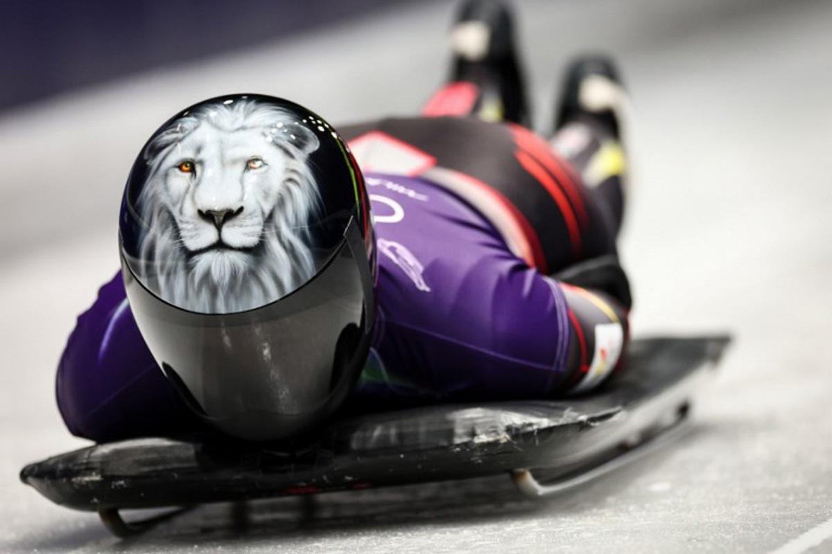 Belgium's Kim Meylemans takes part in the skeleton women's training session at Cortina Sliding Centre during the Milano Cortina 2026 Winter Olympic Games in Cortina d'Ampezzo on February 9, 2026. FRANCK FIFE / AFP