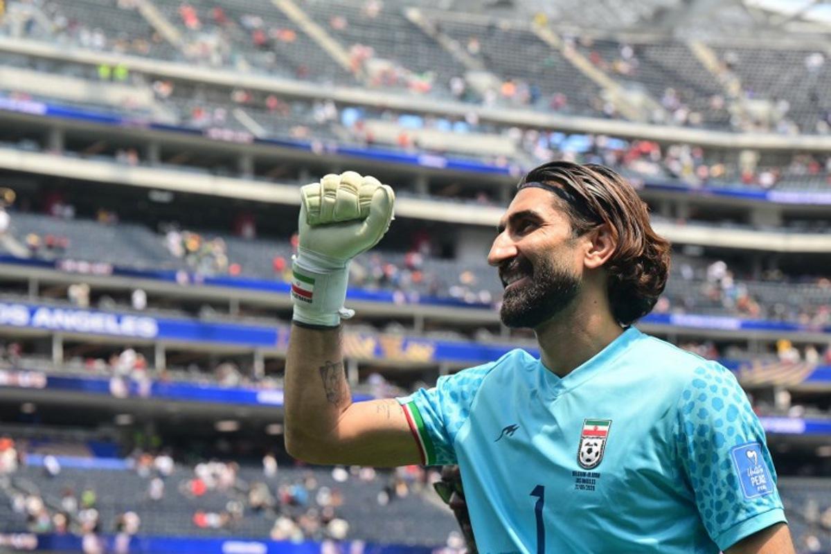Iran's goalkeeper #01 Alireza Beiranvand celebrates at the end of the 2026 World Cup Group G football match between Belgium and Iran at the Los Angeles Stadium in Inglewood on June 21, 2026. Frederic J. Brown / AFP