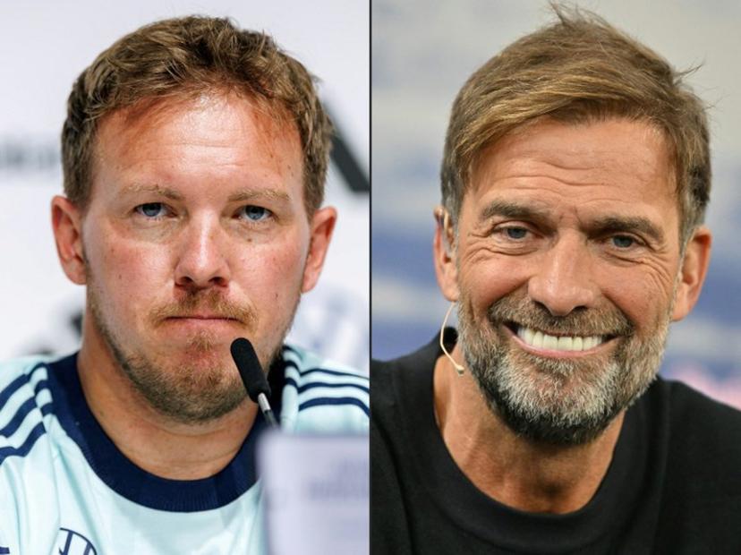 (COMBO) This combination of pictures created in Berlin, Germany on July 3, 2026 shows then Germany's head coach Julian Nagelsmann (L) addressing a press conference on May 27, 2026 in Herzogenaurach and Jurgen Klopp, Red Bull's then new "Global Head of Soccer", smiling during a press presentation in Salzburg, Austria on January 14, 2025. Jurgen Klopp has told the German FA (DFB) he is "fundamentally willing" to take over as Germany coach after Julian Nagelsmann handed in his resignation, the DFB confirmed on July 3, 2026. KERSTIN JOENSSON, Daniel Karmann / AFP