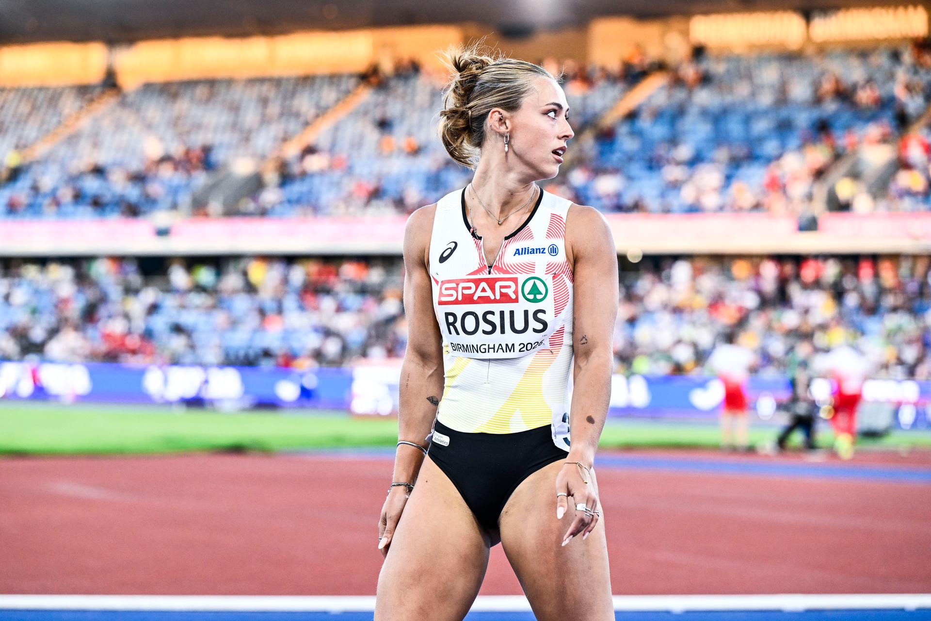 Belgian Rani Rosius reacts at the end of the semi-finals of the women's 100m race at the European Athletics Championships (August 10-18) in Birmingham, United Kingdom, on Monday 10 August 2026. BELGA PHOTO ERIC LALMAND