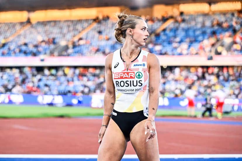 Belgian Rani Rosius reacts at the end of the semi-finals of the women's 100m race at the European Athletics Championships (August 10-18) in Birmingham, United Kingdom, on Monday 10 August 2026. BELGA PHOTO ERIC LALMAND