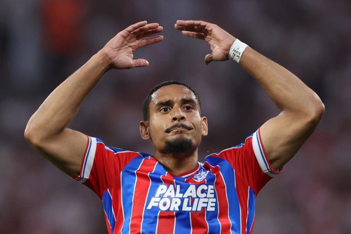 Crystal Palace's French defender #05 Maxence Lacroix gestures during the UEFA Conference League final football match between Crystal Palace FC and Rayo Vallecano de Madrid in Leipzig, eastern Germany, on May 27, 2026. Ronny HARTMANN / AFP