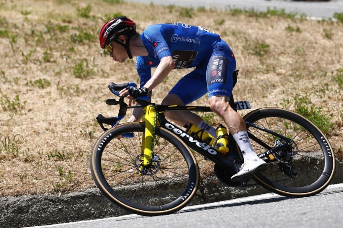 Team Visma Lease a Bike Danish rider Jonas Vingegaard during the 14th stage of the Giro d'Italia 2026 - Tour of Italy cycling race between Aosta and Pila (Gressan), Italy, on May 23, 2026. Luca Bettini / AFP