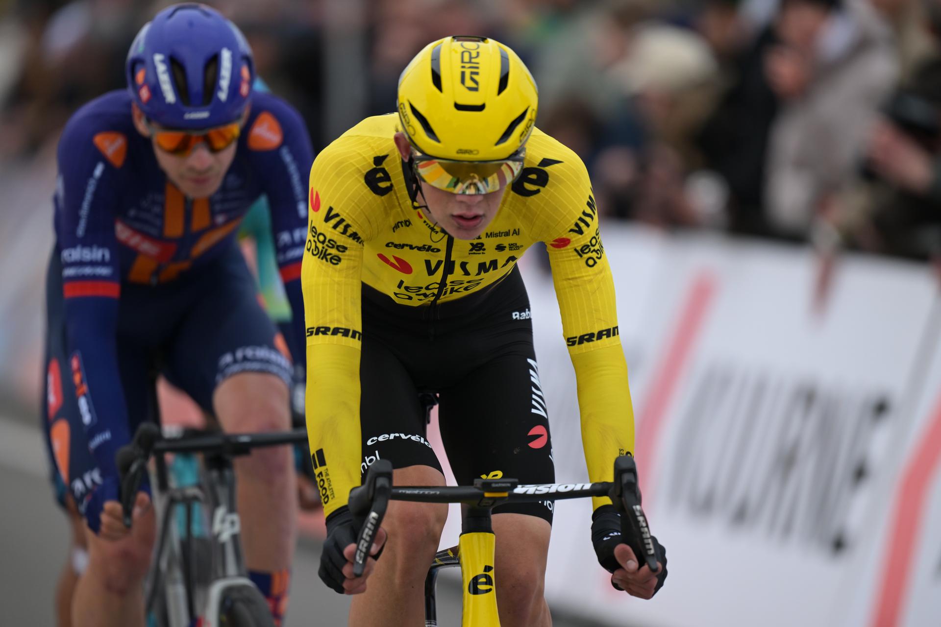 Belgium's Matisse Van Kerckhove of Team Visma-Lease a Bike pictured in action during the 78th edition of the men elite race of the Kuurne-Brussels-Kuurne one day cycling race, 195 km from Kuurne to Kuurne via Brussels, Sunday 01 March 2026. BELGA PHOTO DAVID PINTENS