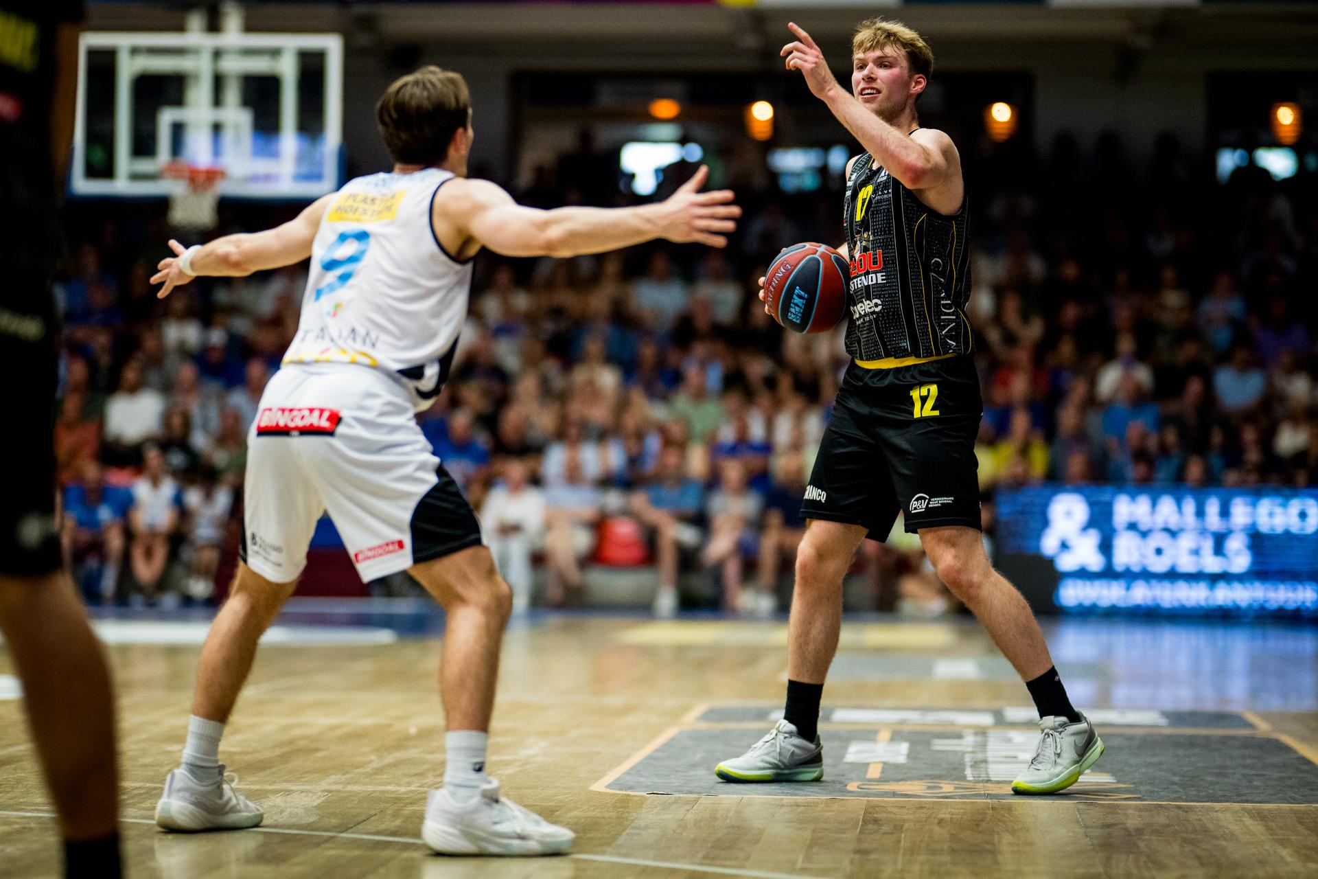Oostende's Marcus Domask reacts during a basketball match between Okapi Aalst and BC Oostende, Friday 29 May 2026, in Aalst, on the first round (out of 5) of the Semi Finals Playoffs of the 'BNXT League' Belgian/ Dutch first division basket championship. BELGA PHOTO JASPER JACOBS