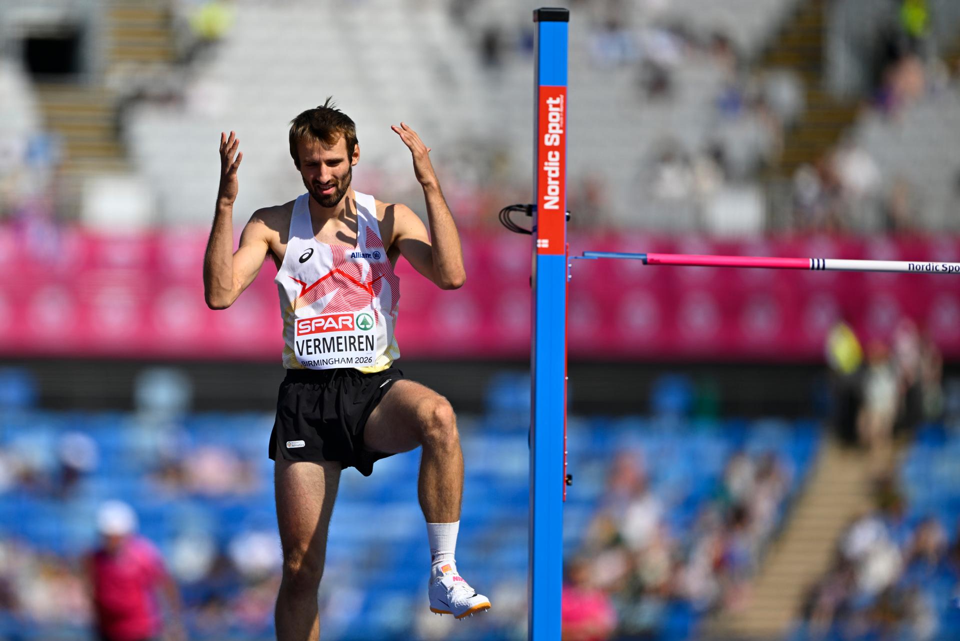 Belgian Jef Vermeiren pictured in action at the Men High Jump qualification, on the second day of the European Athletics Championships (August 10-18) in Birmingham, United Kingdom, on Tuesday 11 August 2026. BELGA PHOTO ERIC LALMAND