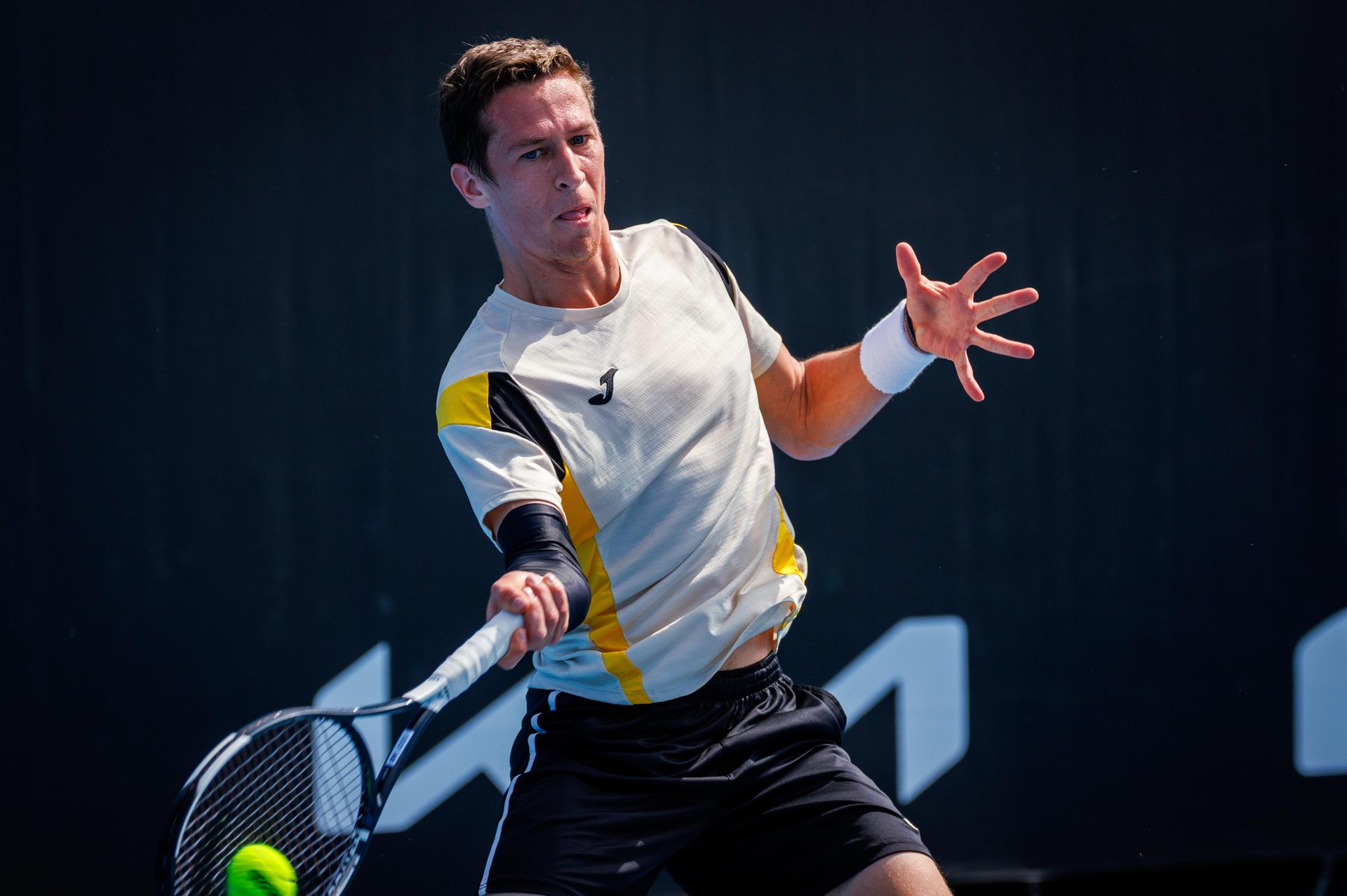 Belgium's Kimmer Coppejans pictured in action during a third round qualifying match in the men's singles against USA's Svajda at the Australian Open, Melbourne Park, Melbourne on Thursday 15 January 2026. BELGA PHOTO PATRICK HAMILTON --- BENELUX ONLY ---