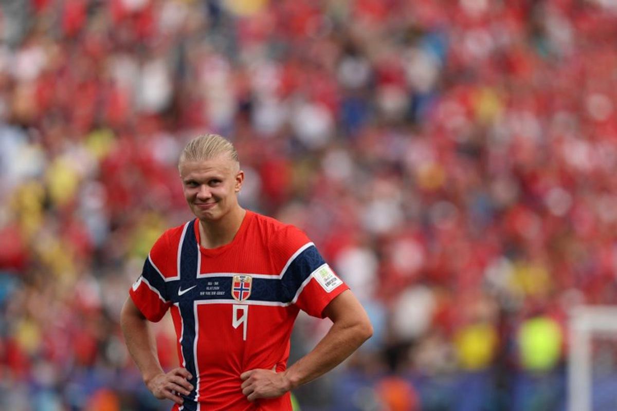 Norway's forward #09 Erling Braut Haaland smiles after winning the 2026 World Cup round of 16 football match between Brazil and Norway at the New York/New Jersey Stadium in East Rutherford on July 5, 2026. Odd ANDERSEN / AFP